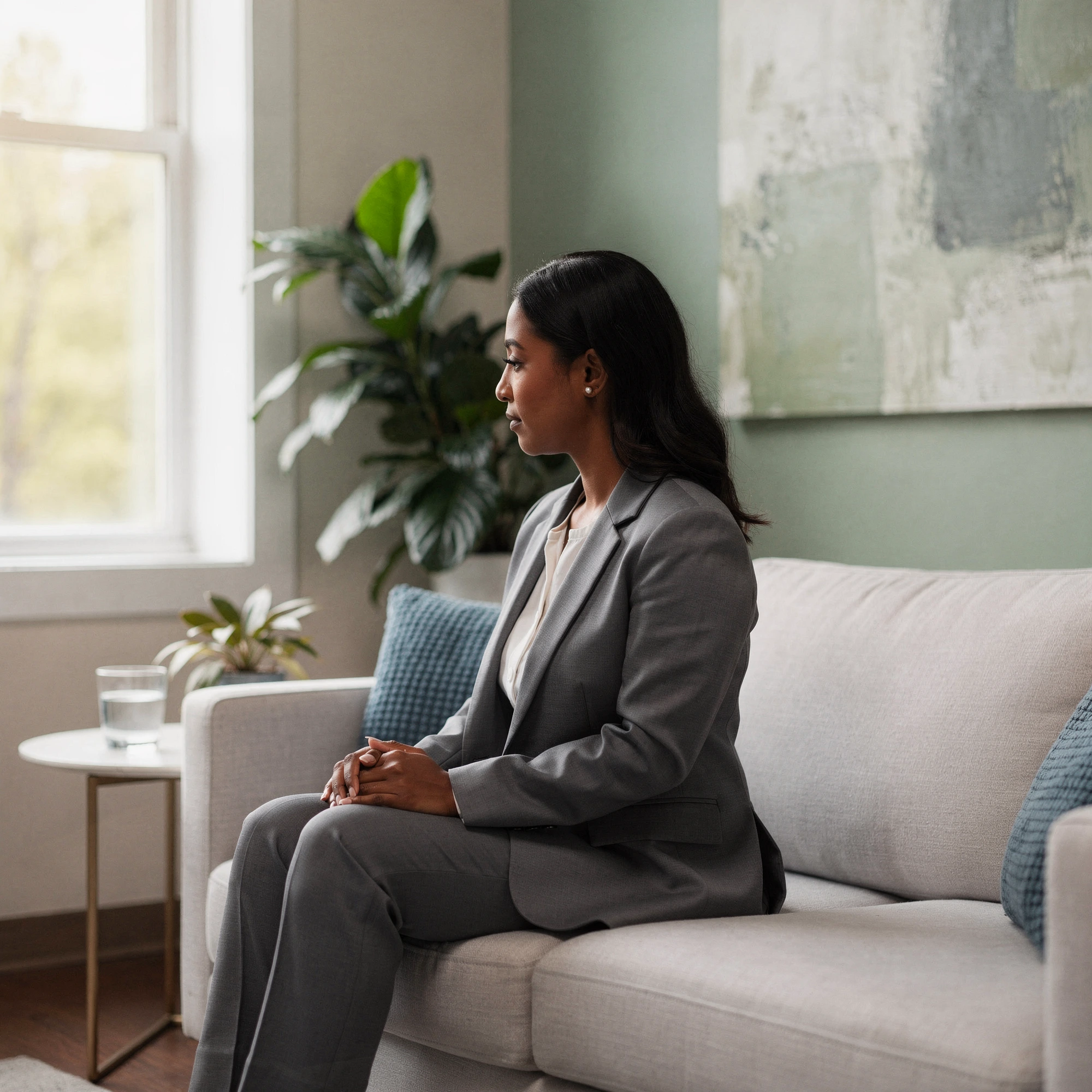 Woman in a gray suit seated on a sofa – psychiatrist in Conshohocken, PA